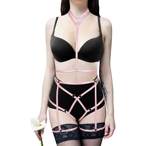 Full Body Bondage Harness Punk Lingerie Set Pink Women Bra Fashion Cage Plus Size Dance Clothing Nightclubs Rave Suspender