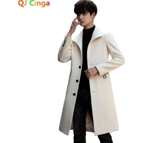 White Men Winter Woolen Long Coat Single-Breasted Lapel Jacket Business Casual Overcoat Black Gray Mens Trench Coats S-XXXL