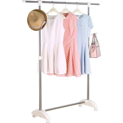 BYN Length Adjustable Metal Stainless Steel Single Pole Clothes Rack Bag Hook Bedroom Coat Rack with Movable Wheels DQ1526