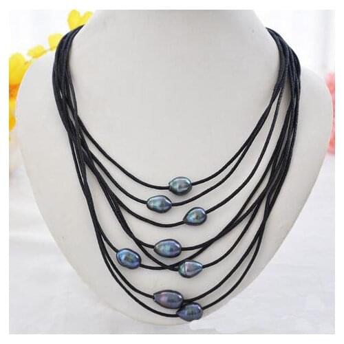 Black Leather Pearl Jewellery,8Rows 10-15mm Black Rice Freshwater Pearl Necklace,Magnet Clasp