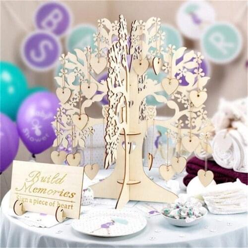Wood Tree Wedding Guest Book 3D tree Guest Book Wishing Tree Wooden Hearts Pendant Drop Ornaments for Wedding Party Decoration