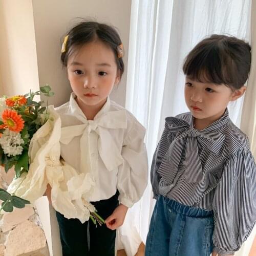Childrens Shirt 2021 Autumn New Girl Cute Simple Solid Bow Collar Childrens Long Sleeve Casual Shirt Top Kids Clothing