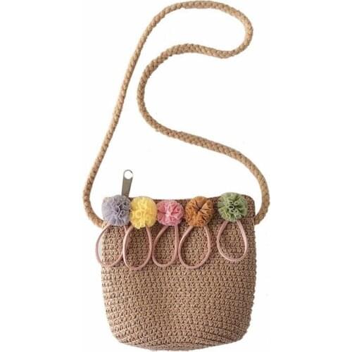 Kids Flower Zipper Cross-body Handbag Fashion Baby Children Girls Straw Shoulder Messenger Bag