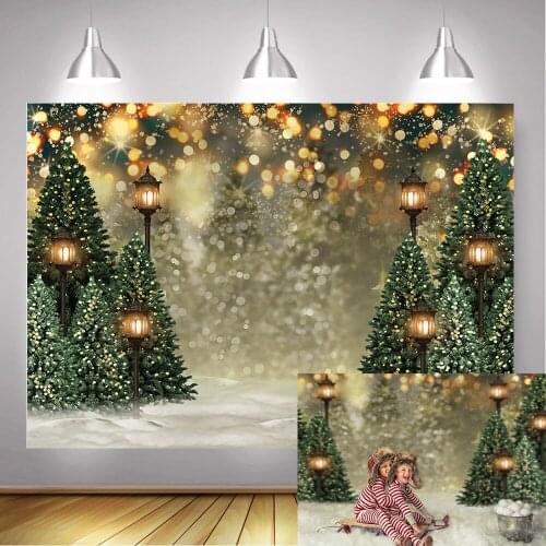 Photography Background Christmas Photocall Christmas Tree Snowfield Lamp Bokeh Glitter Backdrop Winter Portrait Photo Shoot