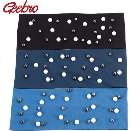 Geebro Womens Plain Stretch Headbands Fashion Cotton Pearls Elastic Flat Headband For Girls Shine White Black Pearl Hair Band