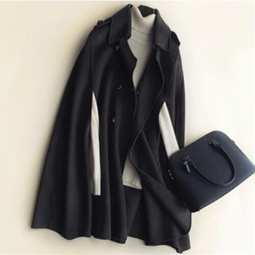 Cashmere Brown Wool Coat Female 2021 100% Wool Mid Long Bat Cape Women Woolen Coats Autumn Double Breasted