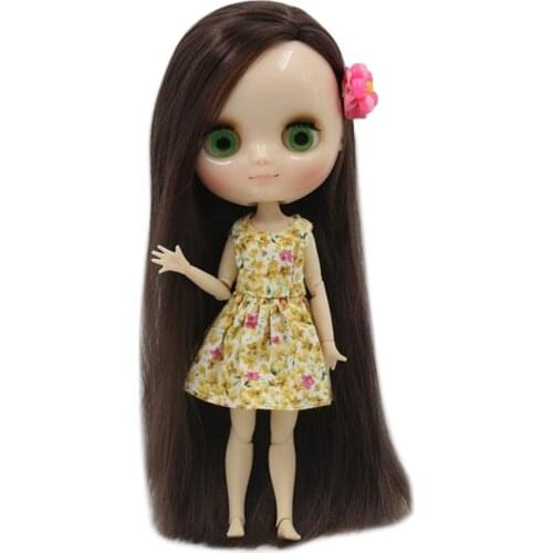 Middle Blyth Nude Doll 20Cm Joint Body shine face Long Straight Brown Hair Side Cut 1/8 with hand set