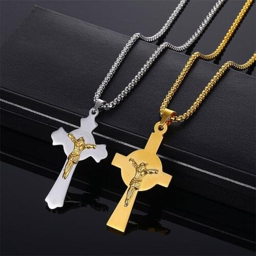 Religious Gold Cross Necklace Men San Benito Medal Christ Jesus Pendant Stainless Steel Pendants for Protection Jewelry