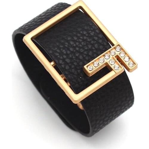 TOTABC Fashion Black Gold Crystal F Leather Bracelet Wristbands Charm Wrap Bangle Fashion Unisex Jewelry