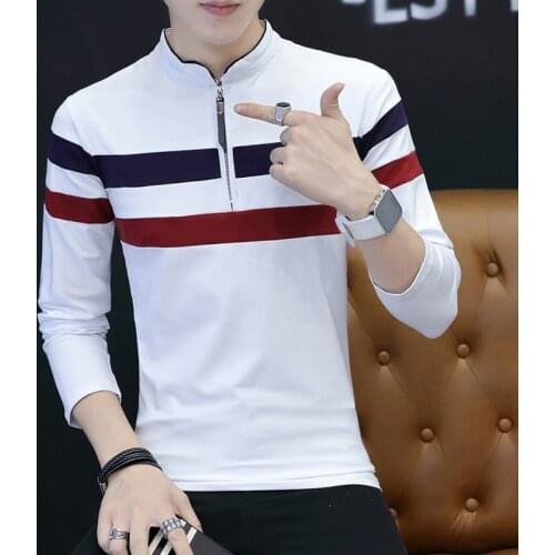 Mens Polo Shirt Long Sleeve slim fit stripe stand collar T-shirt Korean fashion cotton polo shirt men clothing