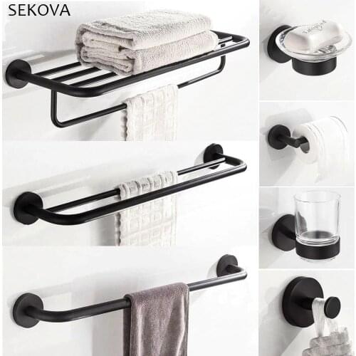 Matte Black Stainless Steel Bathroom Hardware Set Paper Round Holder Robe Hook Towel Bar Towel Rack Bathroom Accessories