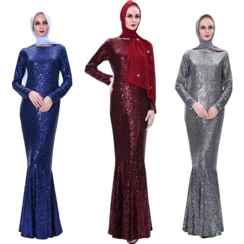 2020 Ramadan Sequins Dress Arab Slim Muslim Dress Floor-Length Prom Gowns Robe De Soriee Full-Sleeve Mermaid O-neck Vestios
