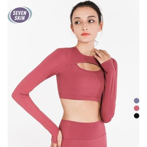 SEVEN SKIN Women Yoga Crop Top with Long Sleeve Fitness Gym Sport T-shirts Hollow Out Sexy Yoga Shirt Running Exposed Navel Tops