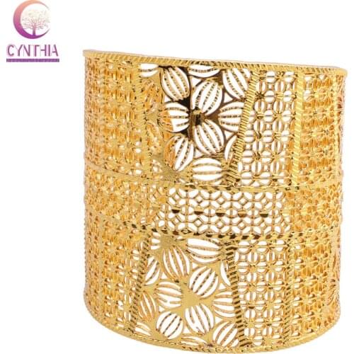 CYNTHIA Wide Bridal Hand Bangle Hollow Flower Design Open Cuff Bracelet Arabic Luxury Bridal Jewelry Moroccan Jewelry