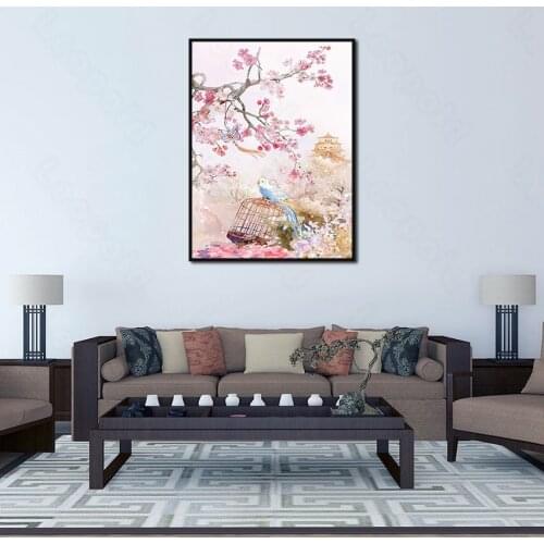 Modern Art Peach Blossom and Bird Tower Decorative Painting Poster Decorative Painting Living Room Background Wall Sticker