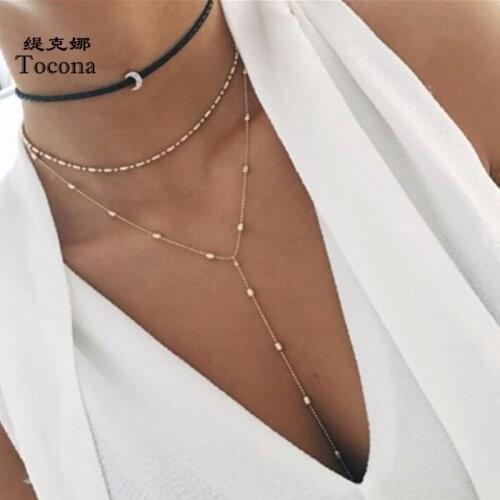 Tocona Multi-layer Long Chain Necklace for Women Gold Moon Alloy Metal Bead Pendant Necklace Bohemian Party Jewelry N005