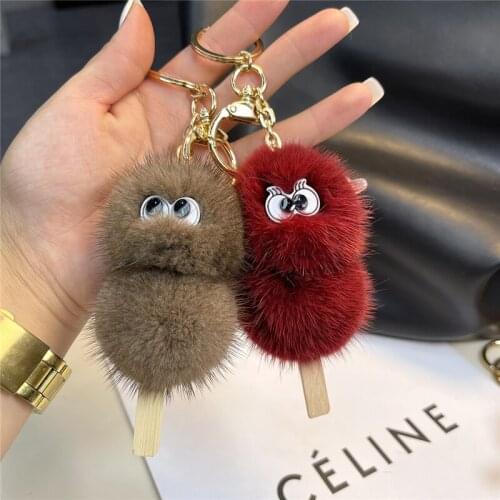 Highend Cute Real Mink Fur Keychain Ice Cream Kids Toys Women Bag Pendant Ornaments Car Key Metal Rings Birthday Gift Female