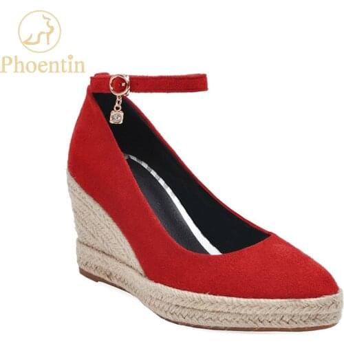 Phoentin wedge female heel shoe 2020 new arrival ankle strap buckle women sandals with heels red ladies shoes pumps beige FT881