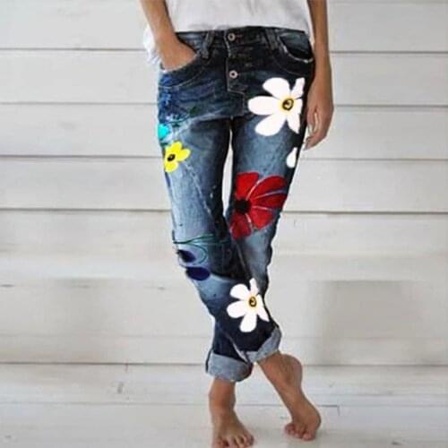 Ladies Fashion Ripped Trousers Flowers Print Skinny Woman Jeans Autumn Slim Distressed Jean 2021 Oversized Feminina Pocket Pants