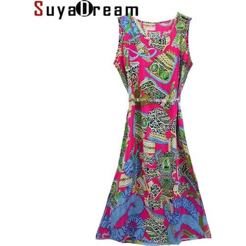 SuyaDream Woman Midi Dress 100%Silk Crepe Floral Printed Sleeveless Sashes Tank Dress 2021 Spring Summer Beach Dresses