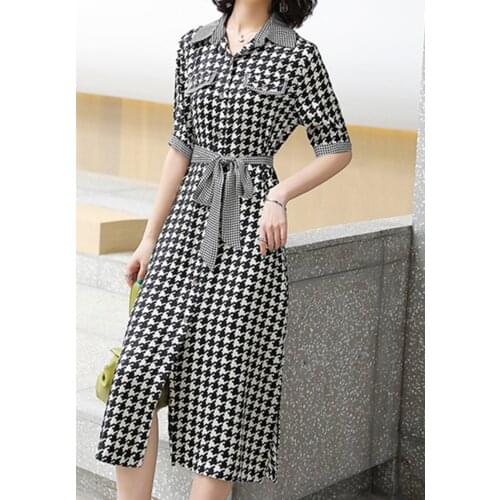 New Women Plaid Dress Short Sleeve Turn Down Collar Shirt Dresses Women Summer Slim Midi Long Dress Beach Clubwear