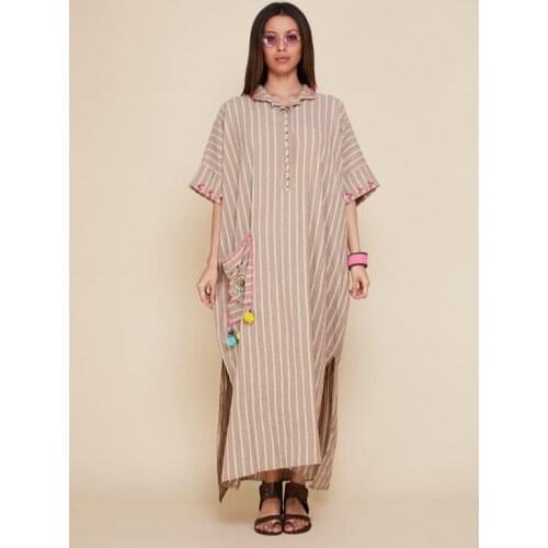 Shirt Collar Pocket Detailed Embroidery Embroidered Pompom Beige Boho Dress 2021 Womens Fashion Authentic Clothing Xs To 5xl