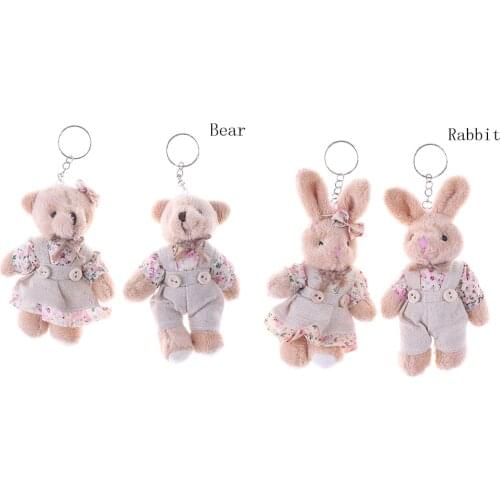 1 Pair 11cm Floral Cloth Teddy Bear Rabbit Bunny Dolls Key Bag Pendants Couple Bear Rabbit Plush Keychain Lovers Friends Gift