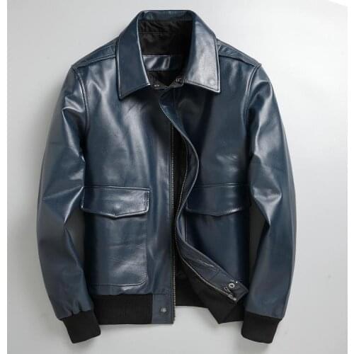 Free shipping.2021 brand new blue leather jacket.classic air force natural goatskin coat.classic A2 style leather cloth.Quality