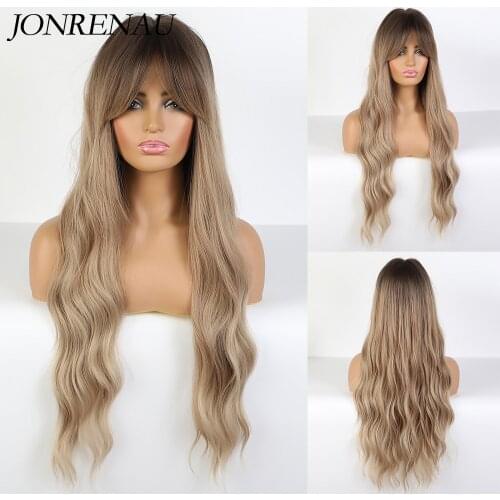 JONRENAU Long Wavy Ombre Dark Black Brown to Blonde Synthetic Wigs for Women Natural Hair Party Daily Use Cosplay Wig