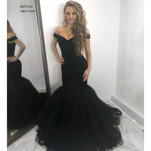 China Hot V-Neck Off The Shoulder Velour And Organza Rffule Mermaid Prom Dresses Zipper Back vestidos de fiesta de noche
