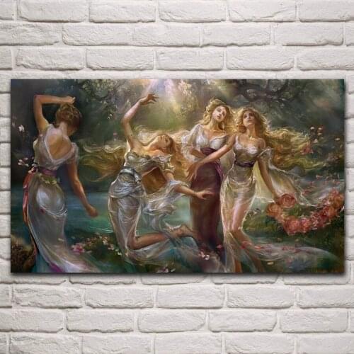 Beautiful windy sunlight fairy sisters woman girl in forest living room home art decor wood frame fabric poster KP741