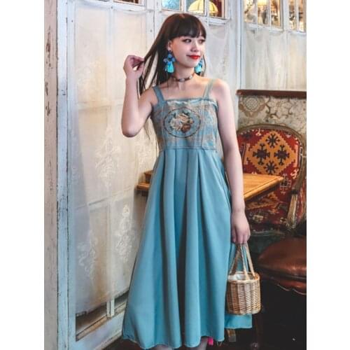 Summer New Ins Retro Korean Womens Sling Mid-Length Dress Bohemia Travel Beach Style Girl Thin Dress
