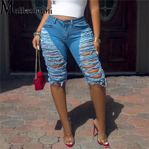 Trendy Womens Ripped Jeans Fashion Elastic High Waist Skinny Denim Jeans Knee Length Pencil Pants Summer Casual Hipster Jeans