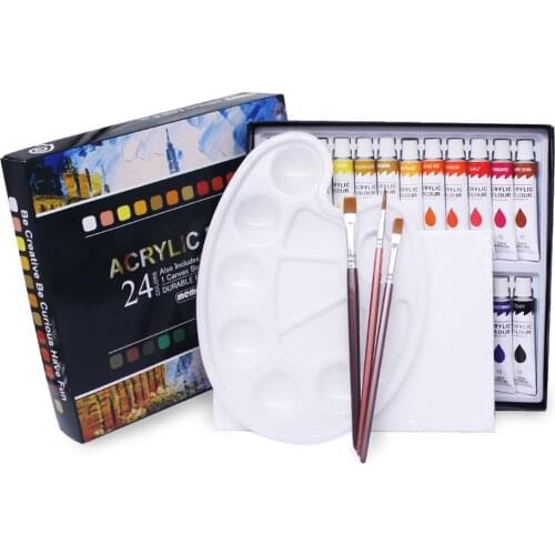 Memory 24 Colors Acrylic Paints Set for Fabrics Painting Clothing Pigments - Include 3 Brushes 1 Palette & 1 Canvas