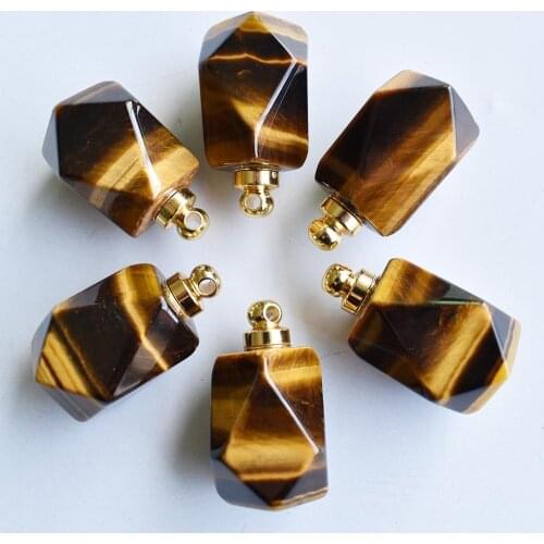 Natural tiger eye Stone Perfume Bottle Necklace Pendant Essential Oil Diffuser Pendant Polygon Shape Jewelry for making 6pcs
