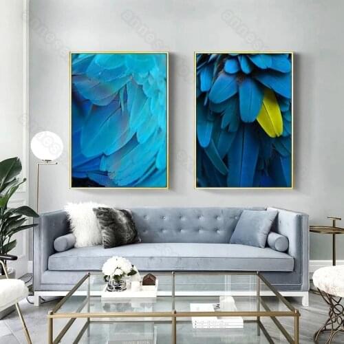 Nordic Style Canvas Painting Poster and Print Beautiful Big Blue Yellow Feathers for Living Rooms Bedroom Gallery Wall Decoratio