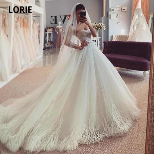 LORIE Sleeveless Wedding Dresses 2020 Soft Tulle with Feather Bridal Gowns Plus Size Long Train Princess Wedding Gowns Lacing