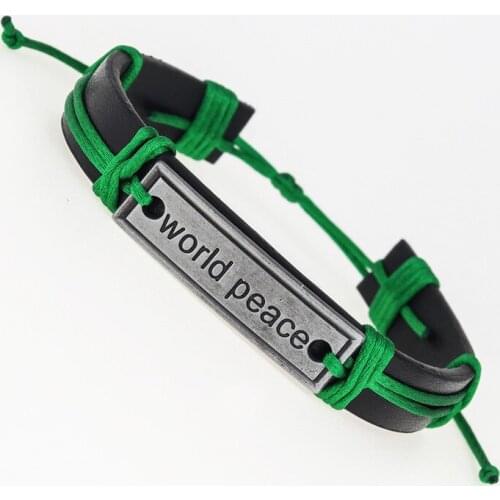 Vintage Punk World Peace wish Leather Bracelets for Men Bangle Adjustable Length Male Female Jewelry Accessories