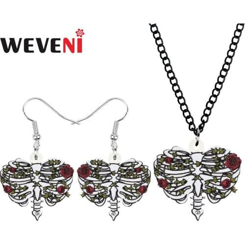 WEVENI Acrylic Halloween Gray Skeleton Skull Jewelry Sets Printing Big Earrings Necklace For Women Girls Novelty Birthday Gift
