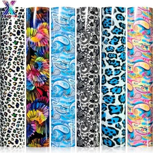 XFX HTV Cricut Vinyl 6 Pcs 25*150cm Colorful Flowers Holographic Pattern HTV Vinyl Heat Transfer Stickers for T-Shirts DIY Vinyl