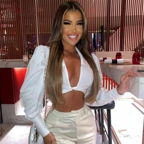 ArtSu Women 2021 Sexy Fashion With Tie Cropped White Blouses Lace Up Cross V Neck Long Sleeve Lady Shirts Chic Tops Party Club