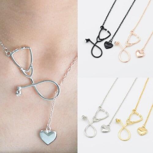 Stethoscope necklace Lariat heart pendant 3 colors rose gold silver Colour newest medical nurse Necklaces Bijoux femme