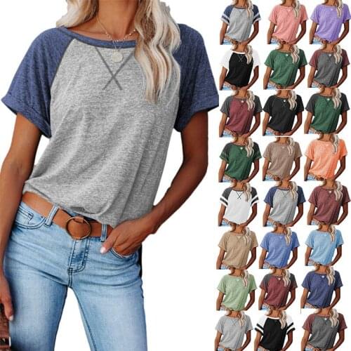 2021 European And American Spring And Summer New Womens Color Matching Cross Loose Top Short-Sleeved Casual T-Shirt