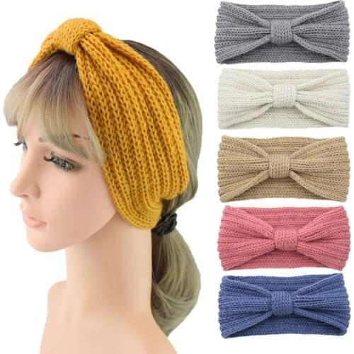 CN Winter Warmer Ear Knitted Wool Headband For Women Girl Head New Kont Bow Hairband Turban Hair Hoop Women Hair Accessories