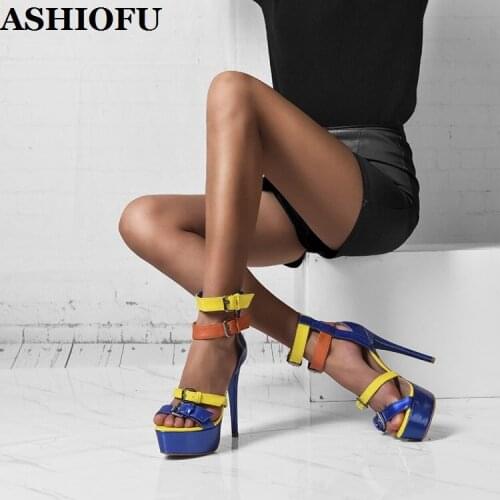 ASHIOFU New B107 Handmade Womens High Heel Sandals Patchwork Sexy Party Prom Shoes Platform Evening Fashion Sandals Blue Shoes