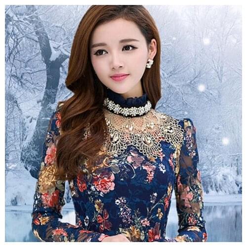 Women 2021 Autumn Winter New Thick Mesh Bottoming Shirts Female Turtleneck Warm Slim Blouses Ladies Long Sleeve Lace Shirts E691