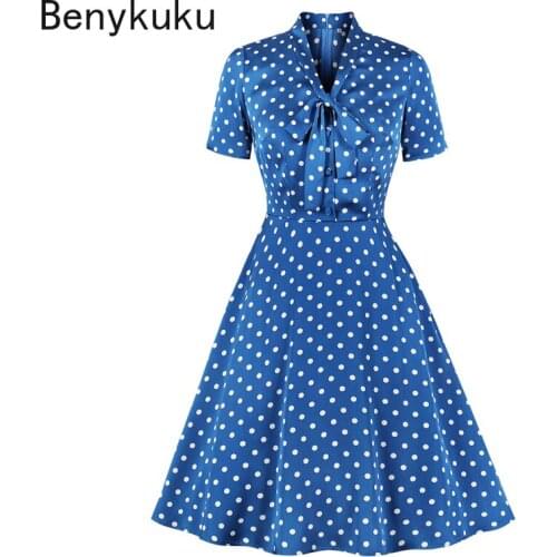 Elegant Summer Dress 2021 Tie Neck Button Up Short Sleeve Blue Polka Dot Shirt Dress Women Knee Length Vintage Clothes Jurken