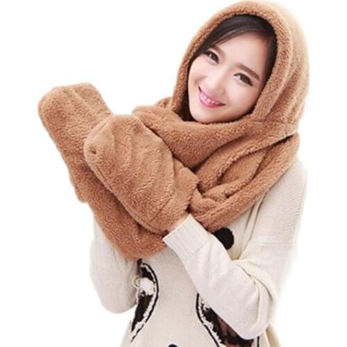 3 In 1 Women Winter Warm Soft Hood Scarf Snood Pocket Hats Gloves Fashion Hooded Srarves Scarf Hat Glove 3 Piece Sets