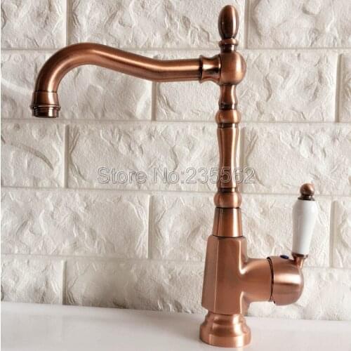 Swivel Spout Antique Red Copper Bathroom Faucet Deck Mounted Single Handle Cold and Hot Water Taps Basin / Sink Faucets lnf416