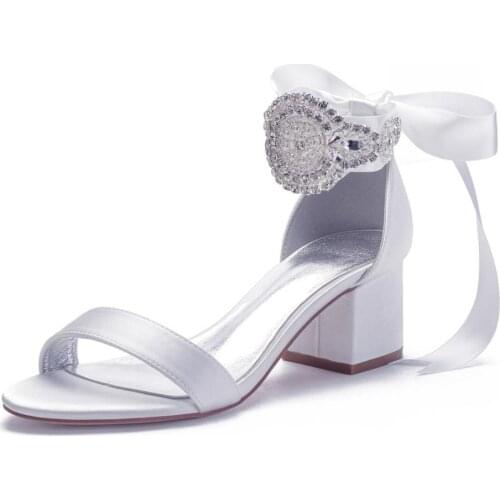 Block Heels Satin Crystals Wedding Sandals for Bride Open Toe Ribbon Tie Mid Heels Formal Party Dress Sandals Summer